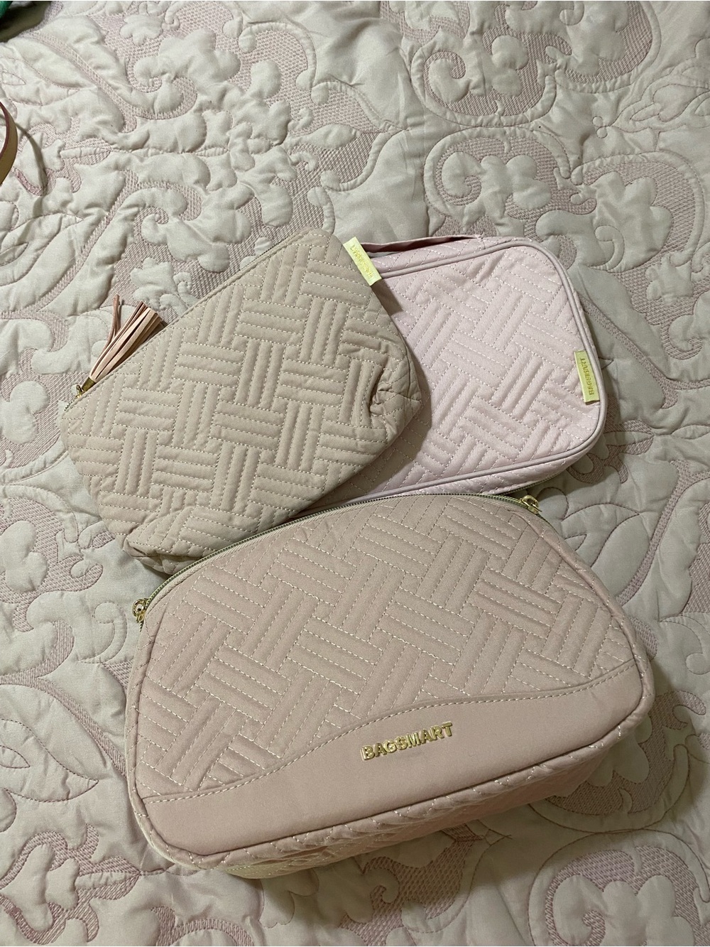 Quilted Cosmetic Pouch Set (3) in Light Pink